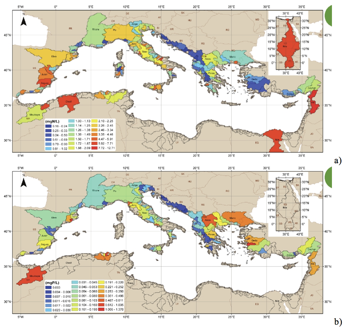 a) Inter-annual average of nitrate concentrations in Mediterranean rivers calculated from available 2000-2010 data or most recent inter-annual value from scientific references; b) Average Dissolved Inorganic Phosphorus (DIP) concentrations in Mediterranean rivers calculated from available 2000-2010 data or most recent inter-annual value from scientific references. From PERSEUS-UNEP/MAP, 2015. Figure 1.4